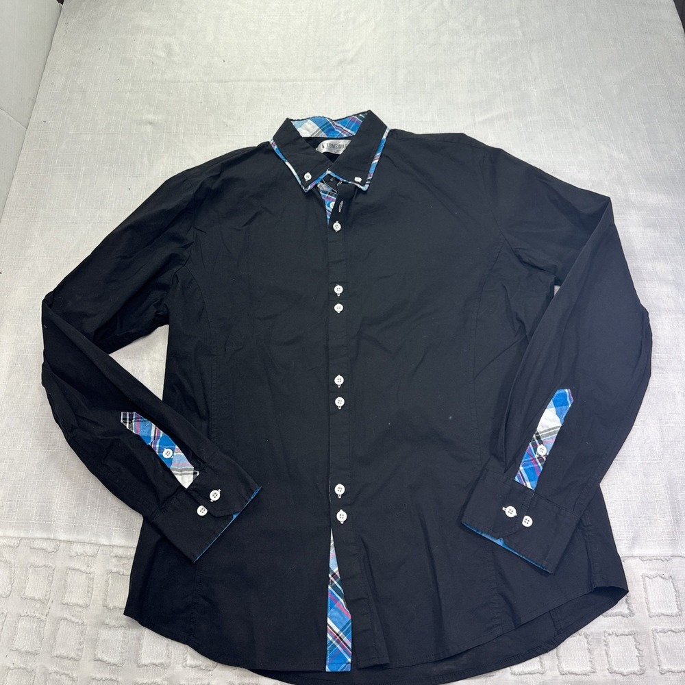 Tomsware Large Black Button Front Dress Shirt Plaid Contrast Trim Long Sleeve